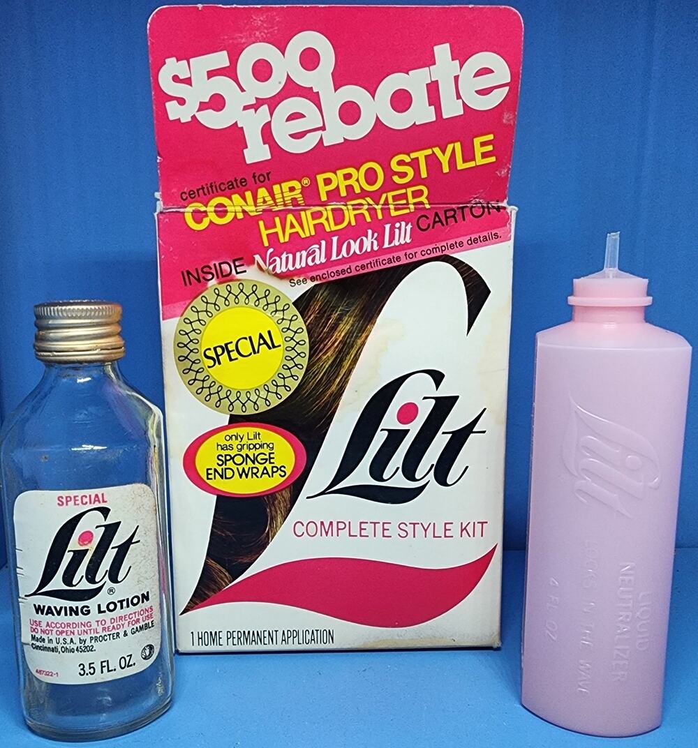 DISPLAY EMPTY 1980's Lilt Perm Complete Style Kit Bottle Box & More Display Prop